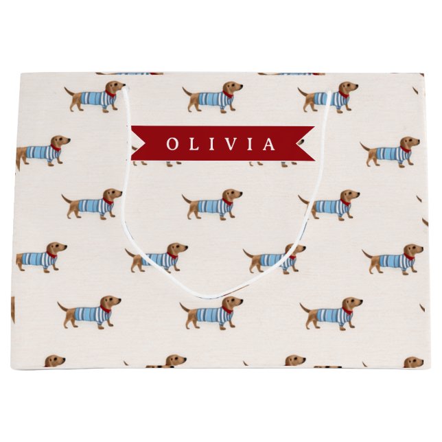 Personalized Preppy Cute Dachshund Dog Pattern Large Gift Bag (Front)