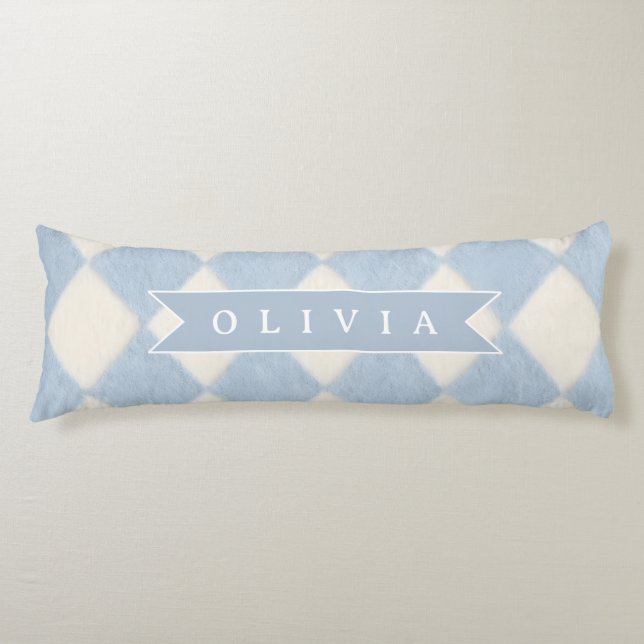 Personalized Preppy Soft Blue Fuzzy Argyle Name Body Cushion (Front)