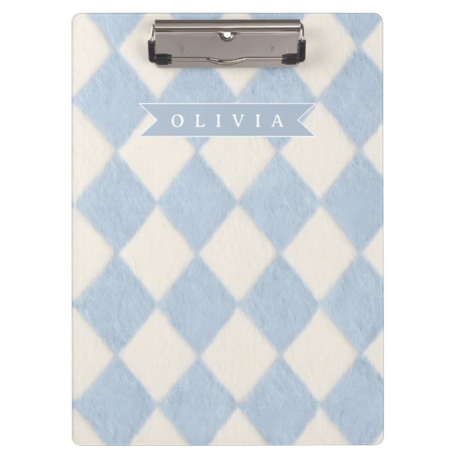 Personalized Preppy Soft Blue Fuzzy Argyle Name Clipboard (Front)