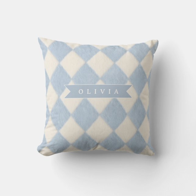 Personalized Preppy Soft Blue Fuzzy Argyle Name Cushion (Front)