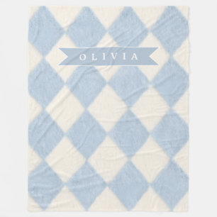 Personalized Preppy Soft Blue Fuzzy Argyle Name Fleece Blanket