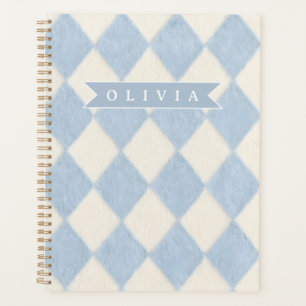 Personalized Preppy Soft Blue Fuzzy Argyle Name Planner