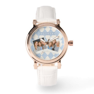 Personalized Preppy Soft Blue Fuzzy Argyle Name Watch
