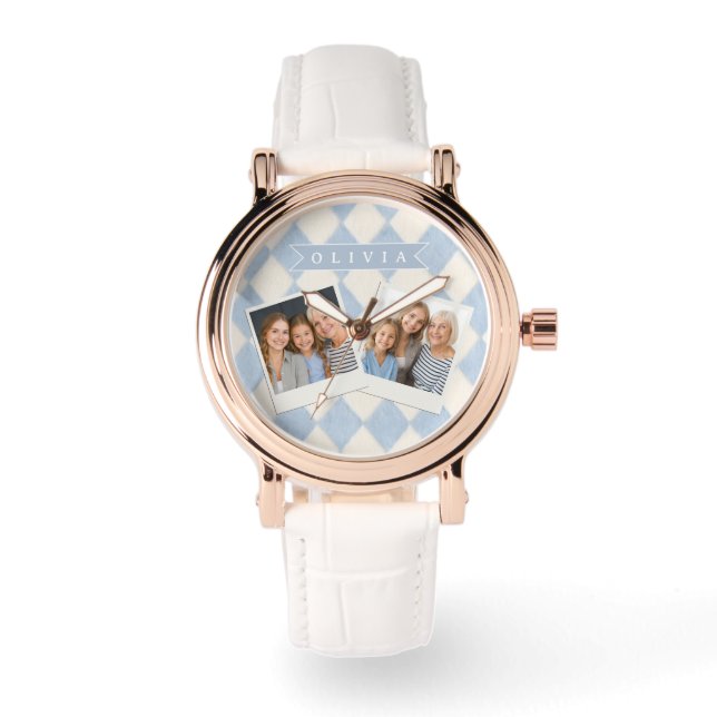 Personalized Preppy Soft Blue Fuzzy Argyle Name Watch (Front)