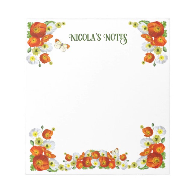 Personalized Pretty orange and White Custom Poppy Notepad (Front)