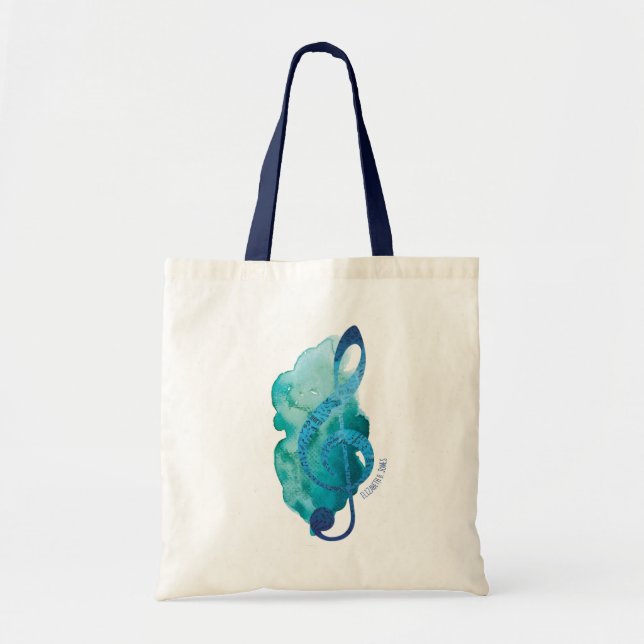 Personalized Pretty Teal Treble Clef Music Tote Bag (Front)
