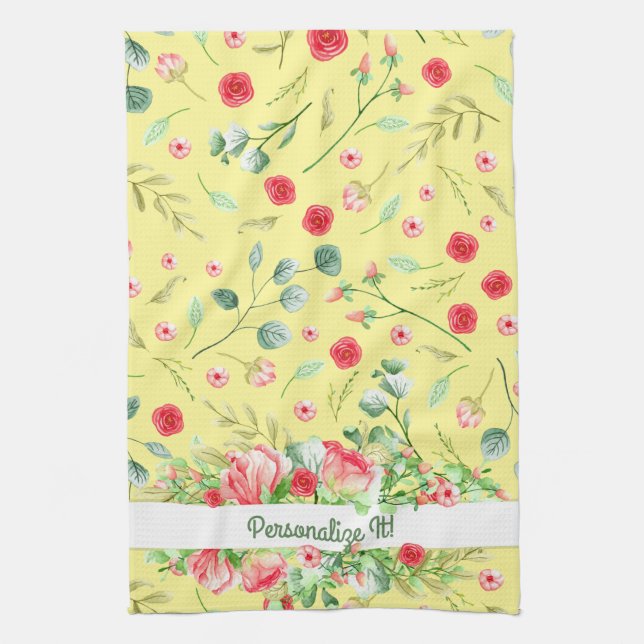 PERSONALIZED Pretty Yellow And Pink Floral Tea Towel (Vertical)