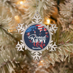 Personalized Proud Army Wife USA Flag Military  Snowflake Pewter Christmas Ornament