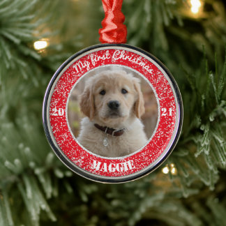 Personalized Puppy's First Christmas Photo Metal O Tree Decoration