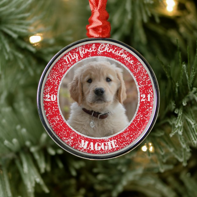 Personalized Puppy's First Christmas Photo Metal O Tree Decoration (Tree)
