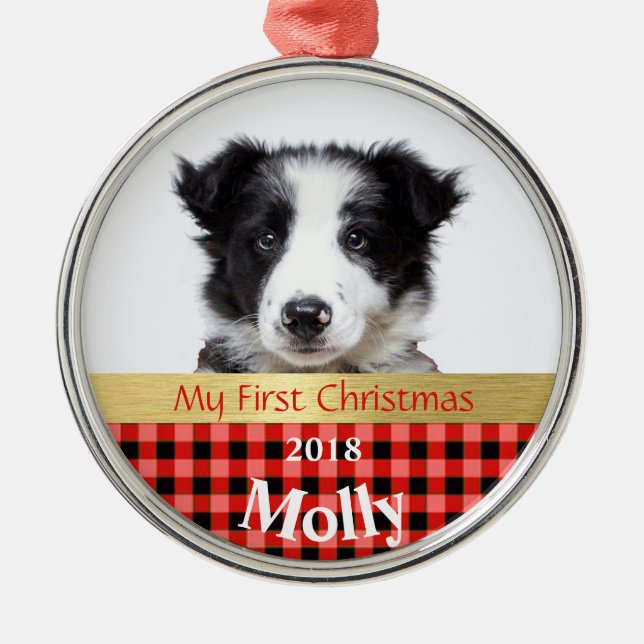 Personalized Puppy's First Christmas Photo Metal Tree Decoration (Front)