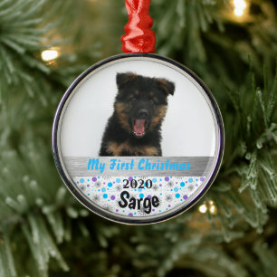 Personalized Puppy's First Christmas Photo Silver Metal Tree Decoration