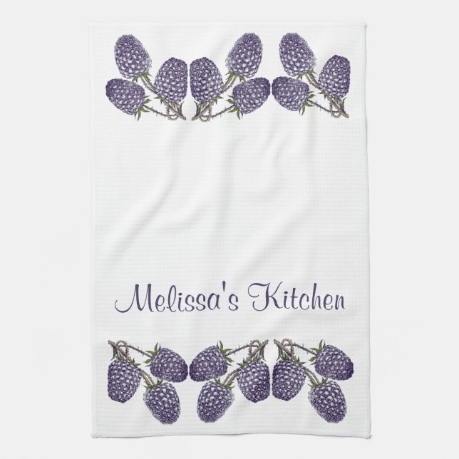 Personalized Purple Blackberries Illustration Tea Towel (Vertical)
