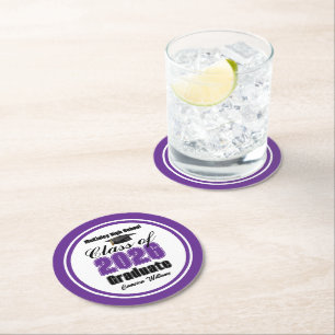 Personalized Purple Class of 2026 Graduation Party Round Paper Coaster