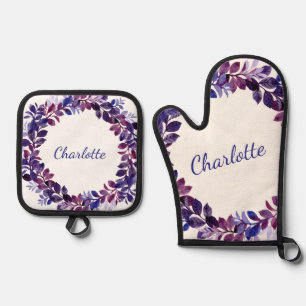 Personalized Purple Floral Bridal Party Favor Oven Mitt & Pot Holder Set
