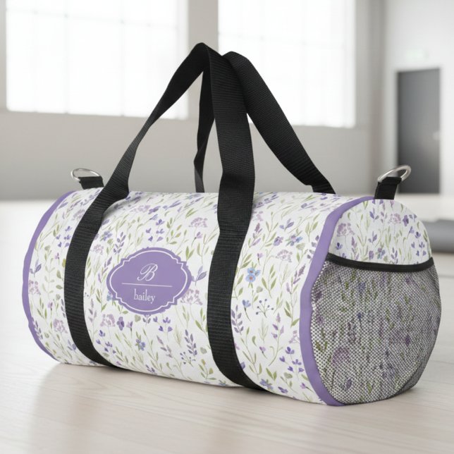 Personalized Purple Floral Monogram Duffle Bag (elegant purple blue wildflower duffel bag with monogram in calligraphy script typography)