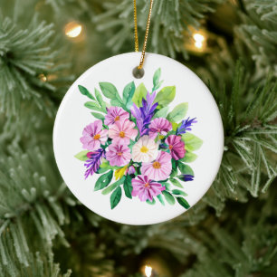 Personalized Purple Flowers Christmas Ceramic Tree Decoration