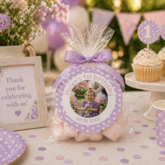 Personalized Purple Polka Dot Photo 1st Birthday  Classic Round Sticker