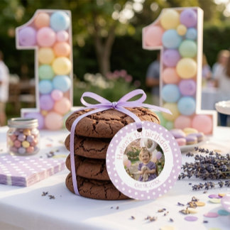 Personalized Purple Polka Dot Photo 1st Birthday  Favour Tags