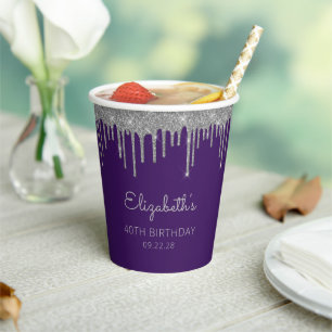 Personalized Purple Silver 40th Birthday Party Paper Cups