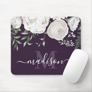 Personalized Purple White Floral Name Monogram Mouse Pad
