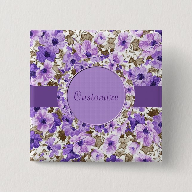 Personalized Purple & White Floral Square Button (Front)