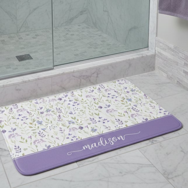 Personalized Purple Wildflower Monogram Bath Mat (personalized purple floral pattern wildflower bathmat with custom monogram name)