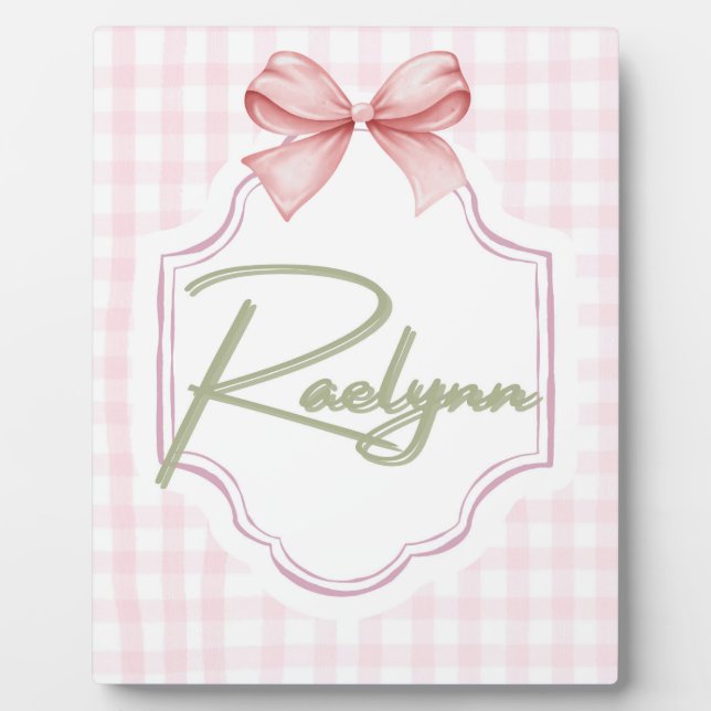 Personalized Raelynn Baby Girl Nursery Bow&Gingham Plaque (Front)