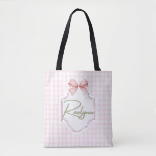 Personalized Raelynn Baby Girl Nursery Bow&Gingham Tote Bag