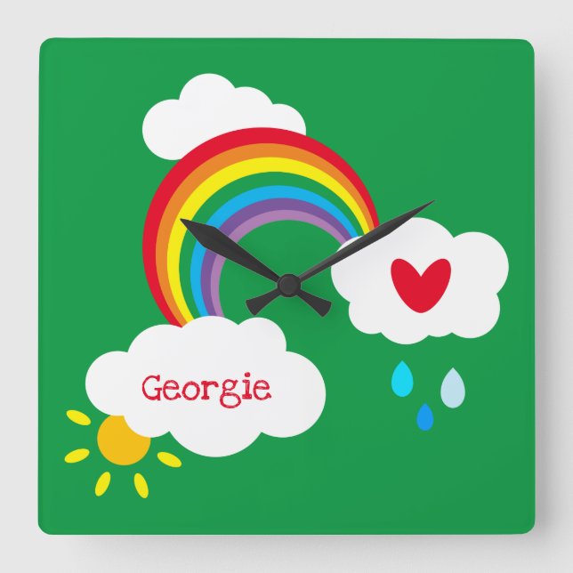 Personalized Rainbow, Clouds and Rain Square Wall Clock (Front)
