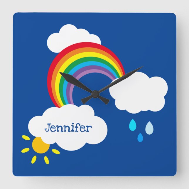 Personalized Rainbow, Clouds and Rain Square Wall Clock (Front)