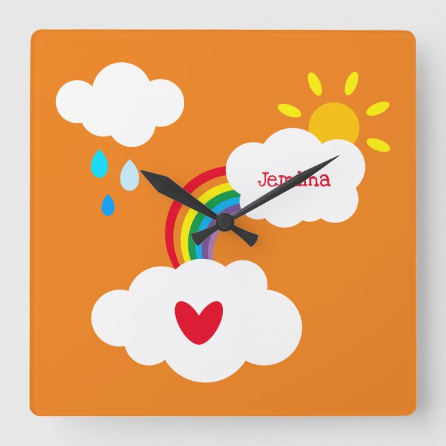 Personalized Rainbow, Clouds and Rain Square Wall Clock (Front)