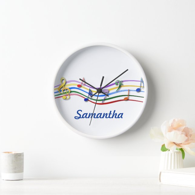 Personalized Rainbow Colored Music Notes Wall Clock (Home)