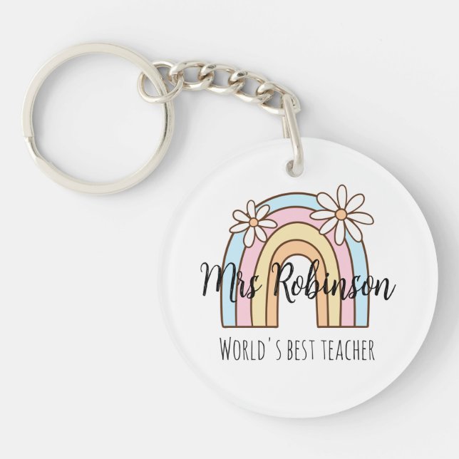 Personalized Rainbow & Daisies Keyring | Teacher (Front)