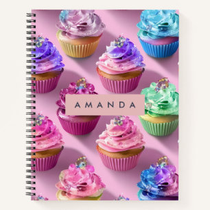 Personalized Rainbow Glitter Cupcakes on Pink Notebook