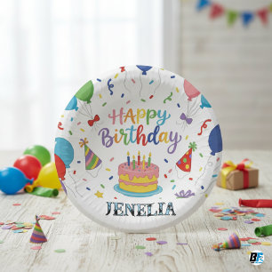 Personalized Rainbow Happy Birthday Cake Balloons Paper Plate