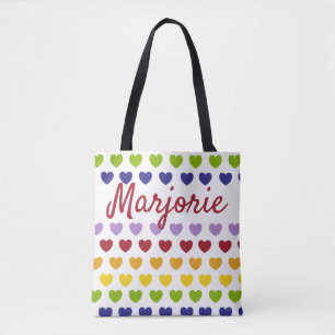 Personalized Rainbow Hearts Stripes Pattern Tote Bag