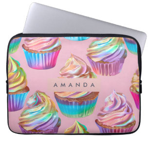 Personalized Rainbow Pastel Cupcake with Glitter Laptop Sleeve