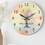 Personalized Rainbow Tree Large Clock<br><div class="desc">This colourful Wall Clock is decorated with a mosaic family tree in the colors of the rainbow on a watercolor background.
Easily customizable with your name.
Because we create our own artwork you won't find this exact image from other designers.
Original Mosaic and Watercolor © Michele Davies.</div>