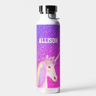 Personalized Rainbow Unicorn Purple Glitter Kids Water Bottle