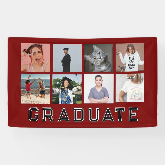 Personalized Red 8 Photo Collage Graduation Banner (Horizontal)