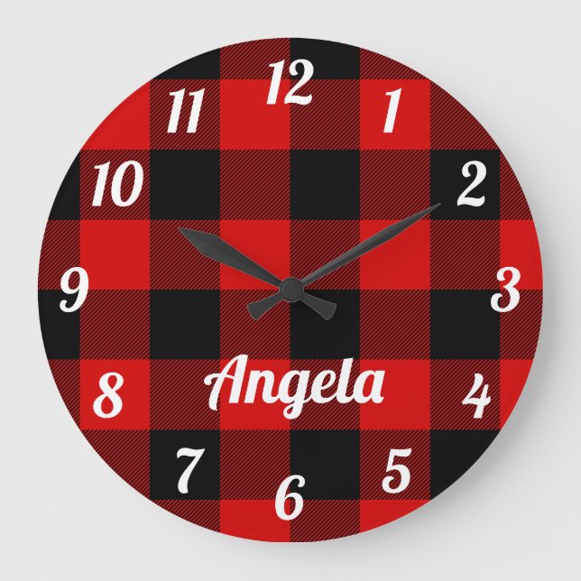 Personalized Red and Black Buffalo Plaid Large Clock (Front)