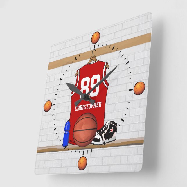 Personalized Red and White Basketball Jersey Square Wall Clock (Angle)