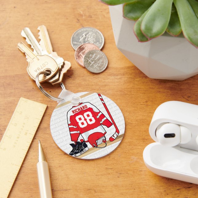 Personalized Red and White Ice Hockey Jersey Key Ring (Desk)