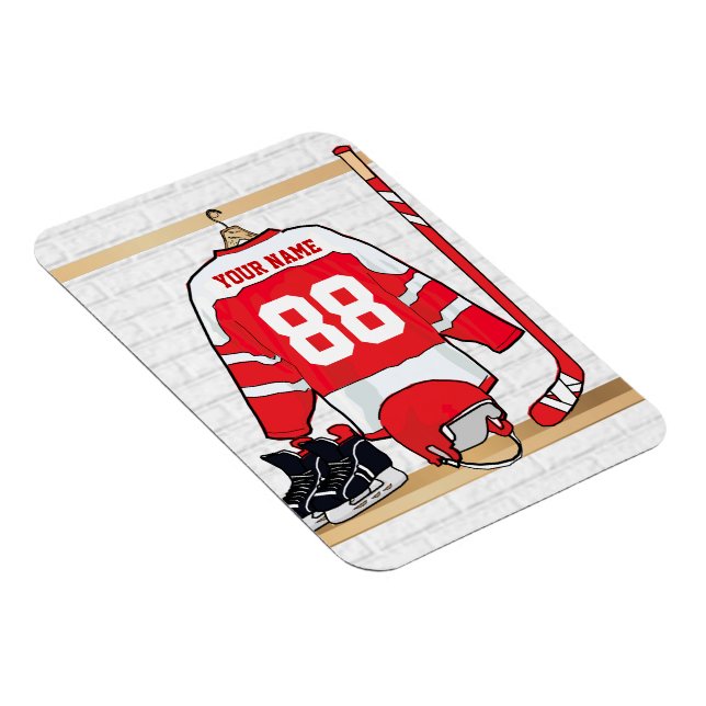 Personalized Red and White Ice Hockey Jersey Magnet (Right Side)
