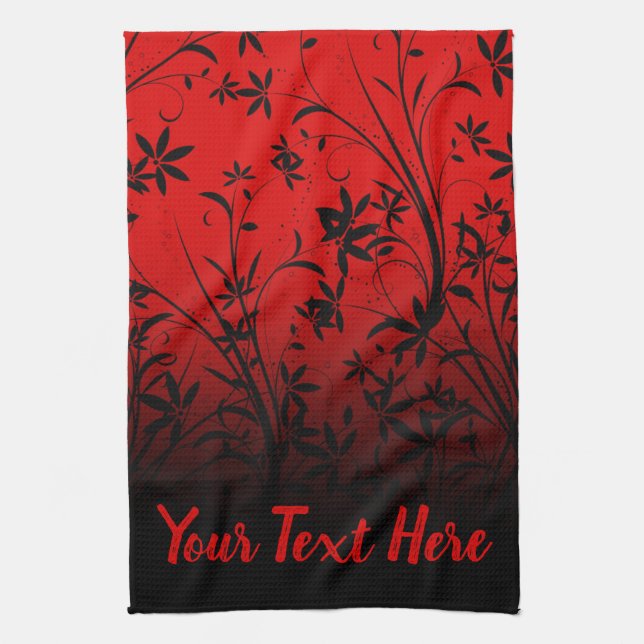 Personalized Red & Black Ombre Floral Tea Towel (Vertical)