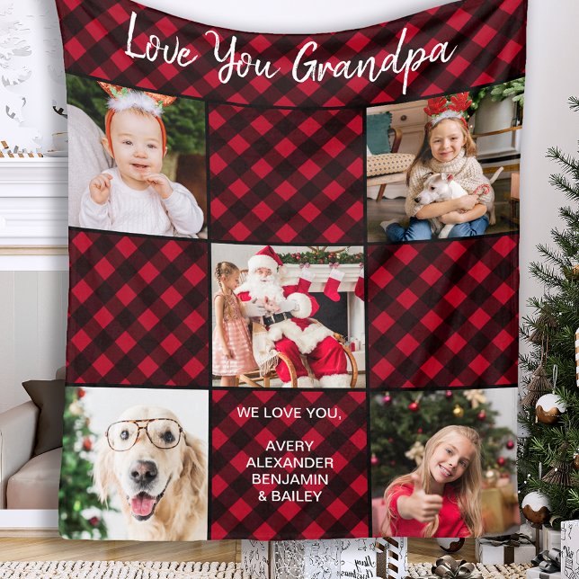 Personalized Red Buffalo Plaid 5 Photo Collage Fleece Blanket (Creator Uploaded)