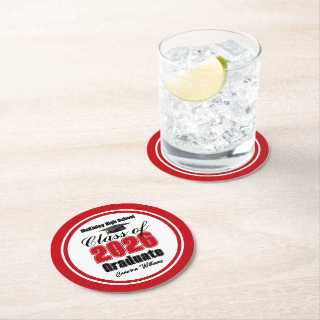 Personalized Red Class of 2026 Graduation Party Round Paper Coaster (Insitu)