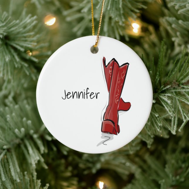 Personalized Red Cowboy Boots Western Holiday Gift Ceramic Tree Decoration (Tree)
