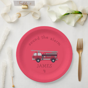Personalized Red Fire truck Party Paper Plate